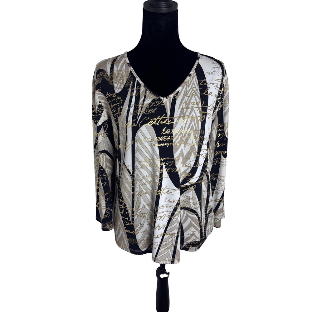 Alison Daley V-Neck Top Women Size Small Black White Gold Foil Script 3/4 Sleeve